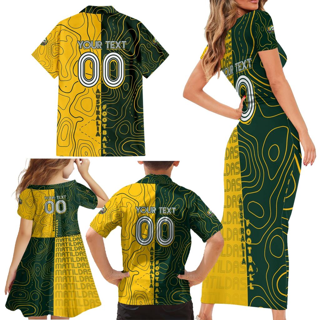 Personalised Matildas Mascot Family Matching Short Sleeve Bodycon Dress and Hawaiian Shirt Australia Football Topographic