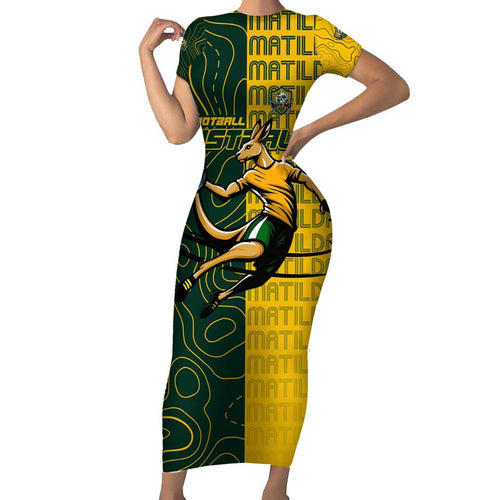 Personalised Matildas Mascot Family Matching Short Sleeve Bodycon Dress and Hawaiian Shirt Australia Football Topographic