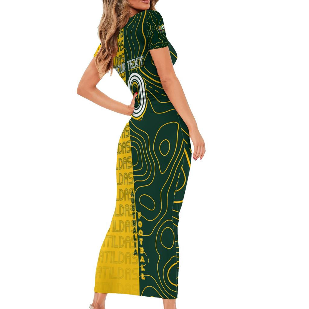 Personalised Matildas Mascot Family Matching Short Sleeve Bodycon Dress and Hawaiian Shirt Australia Football Topographic