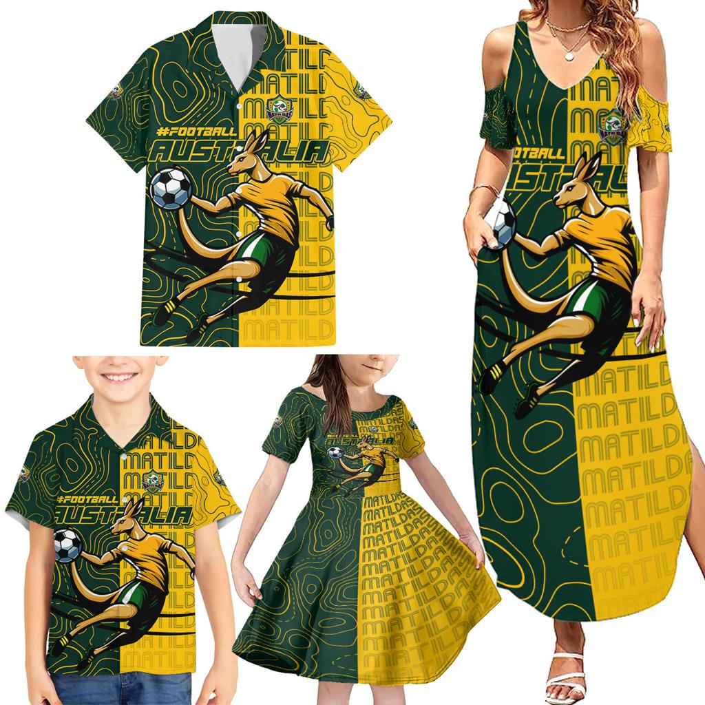 Personalised Matildas Mascot Family Matching Summer Maxi Dress and Hawaiian Shirt Australia Football Topographic