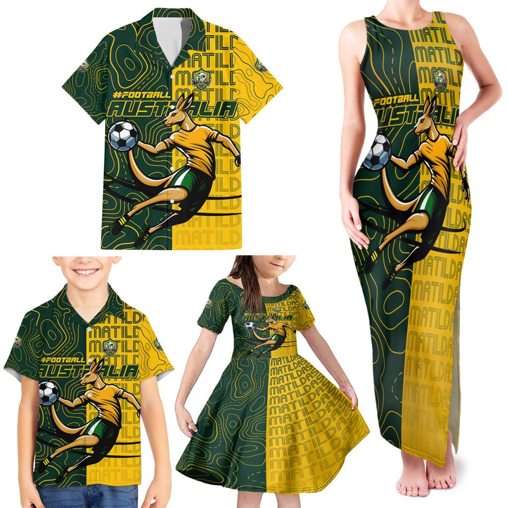 Personalised Matildas Mascot Family Matching Tank Maxi Dress and Hawaiian Shirt Australia Football Topographic