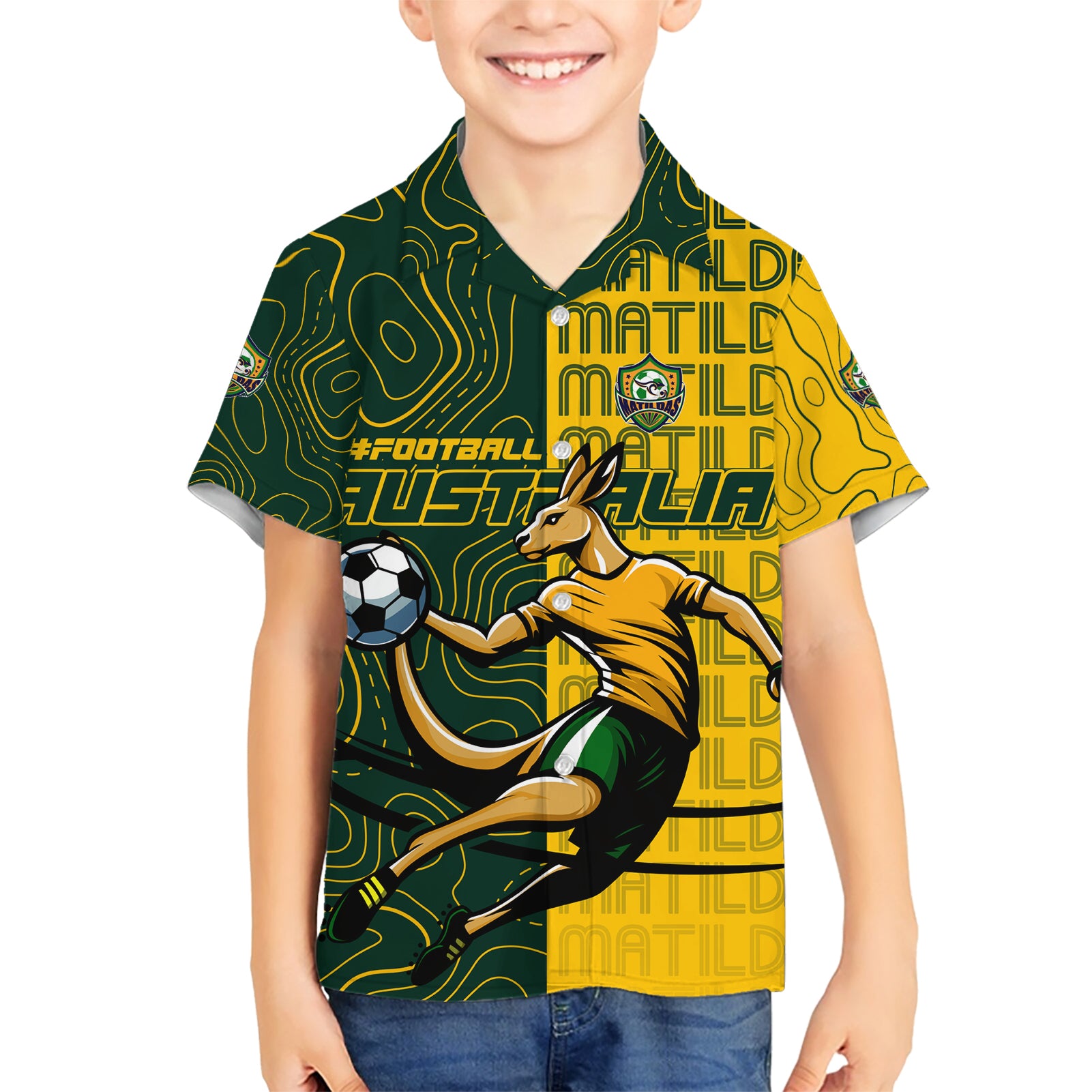 Personalised Matildas Mascot Kid Hawaiian Shirt Australia Football Topographic