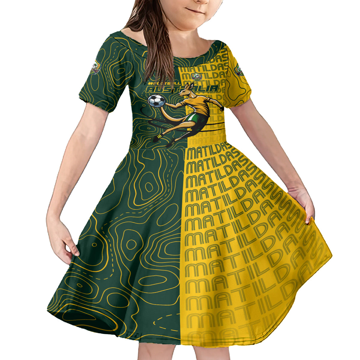Personalised Matildas Mascot Kid Short Sleeve Dress Australia Football Topographic
