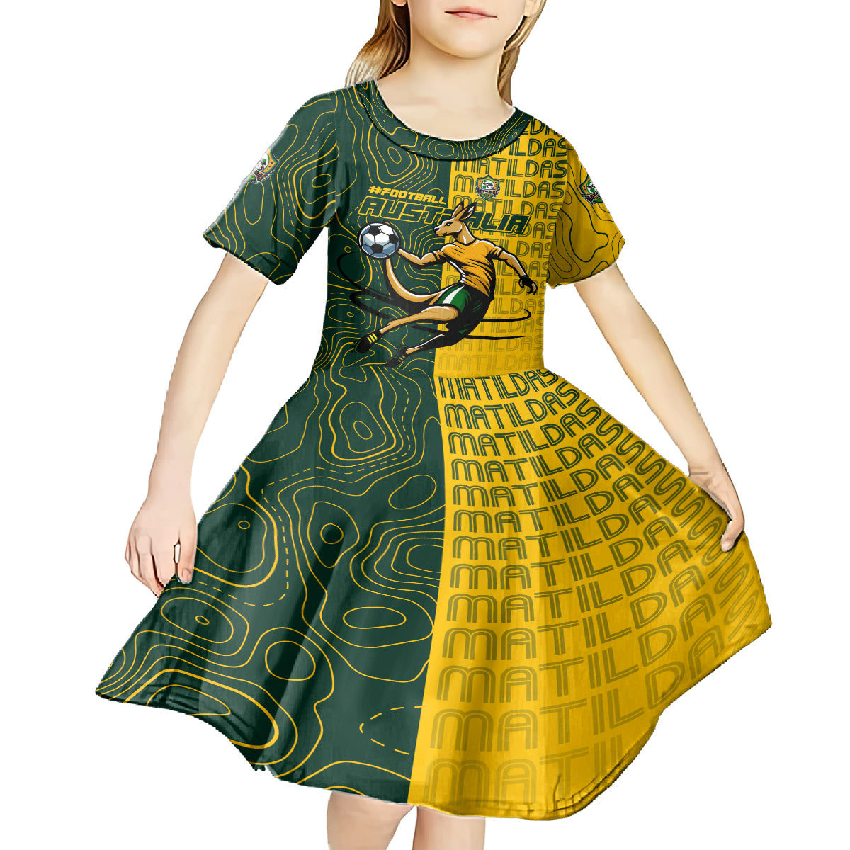 Personalised Matildas Mascot Kid Short Sleeve Dress Australia Football Topographic