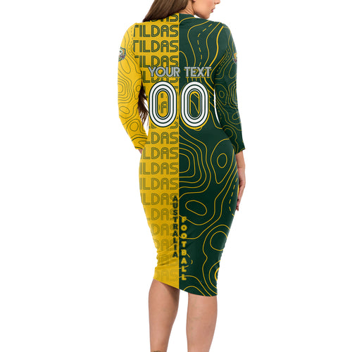 Personalised Matildas Mascot Long Sleeve Bodycon Dress Australia Football Topographic