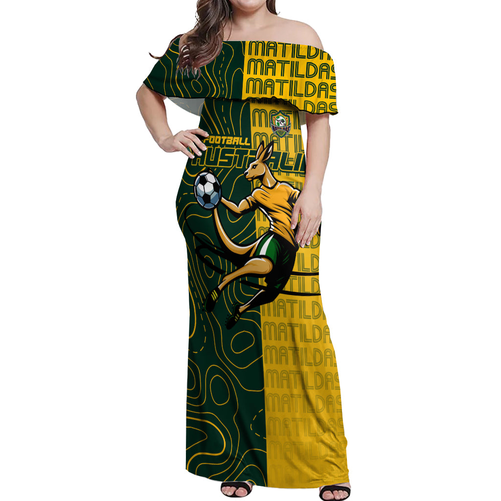 Personalised Matildas Mascot Off Shoulder Maxi Dress Australia Football Topographic