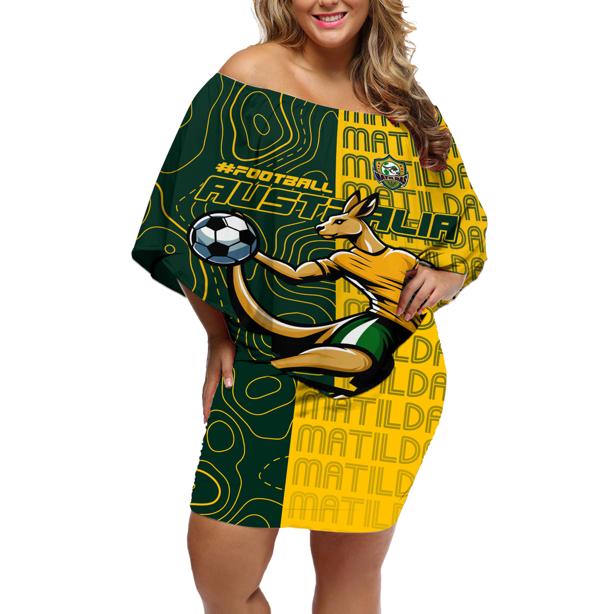 Personalised Matildas Mascot Off Shoulder Short Dress Australia Football Topographic