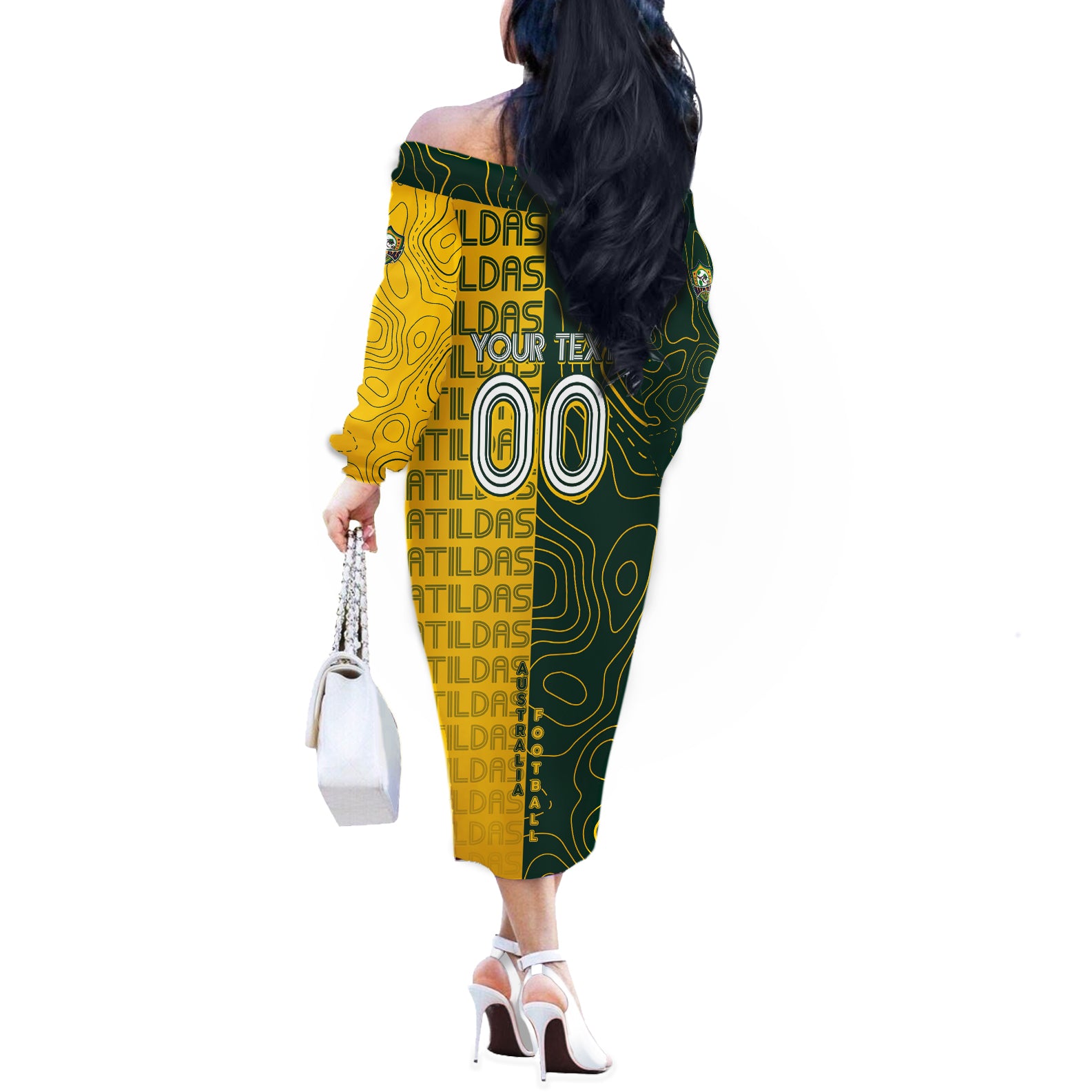 Personalised Matildas Mascot Off The Shoulder Long Sleeve Dress Australia Football Topographic