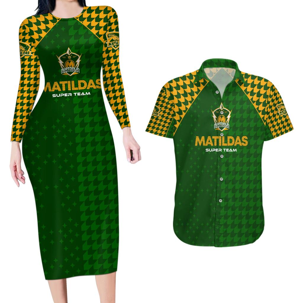 Personalised Australia Soccer Matildas Couples Matching Long Sleeve Bodycon Dress and Hawaiian Shirt Super Team