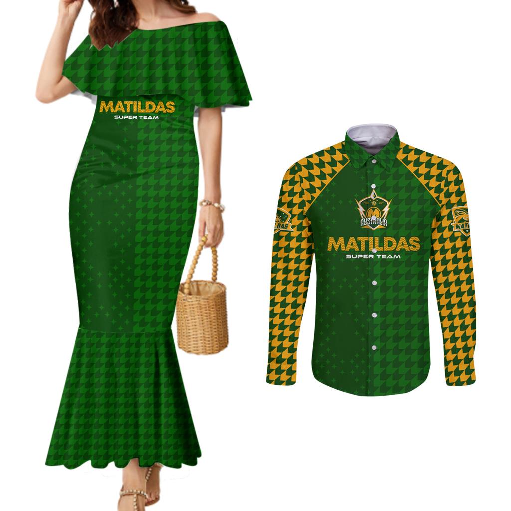 Personalised Australia Soccer Matildas Couples Matching Mermaid Dress and Long Sleeve Button Shirt Super Team