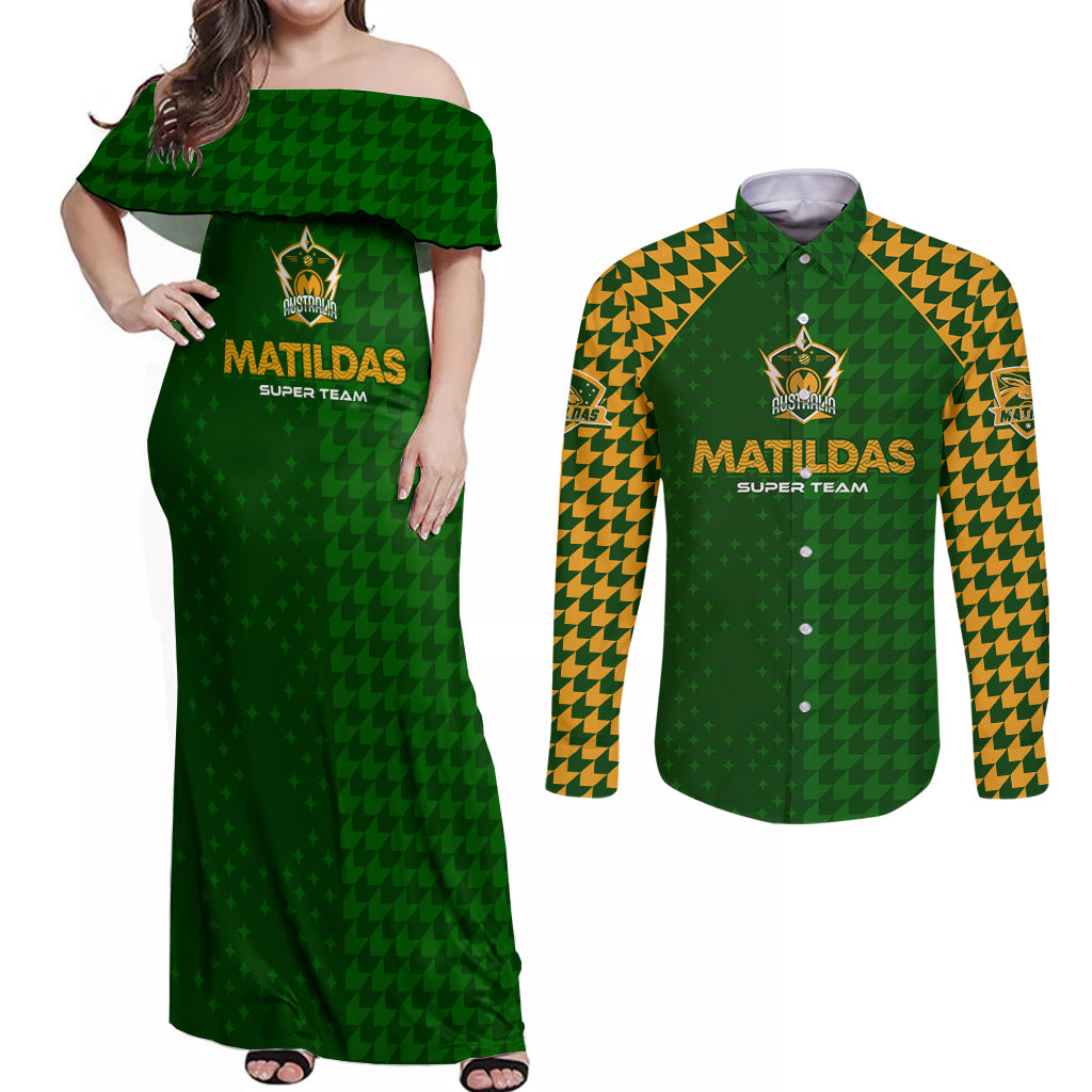 Personalised Australia Soccer Matildas Couples Matching Off Shoulder Maxi Dress and Long Sleeve Button Shirt Super Team