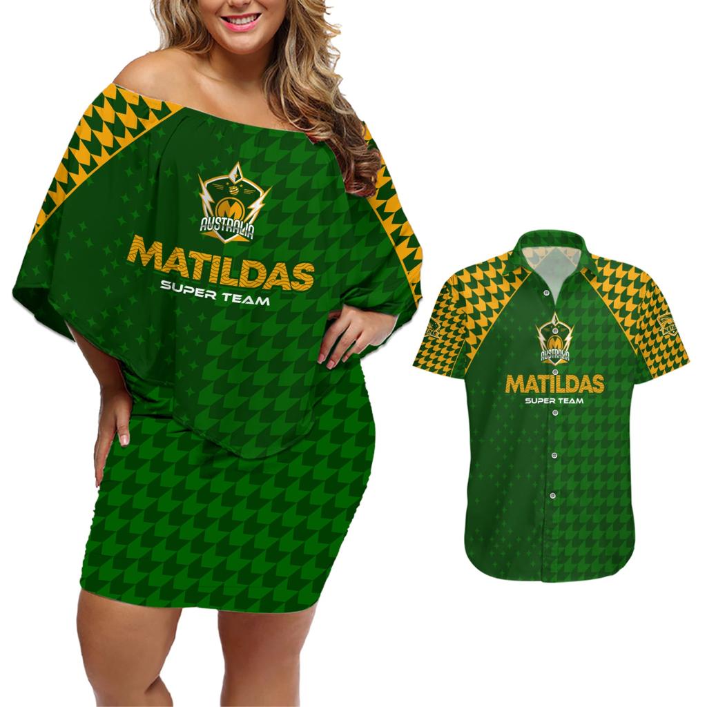 Personalised Australia Soccer Matildas Couples Matching Off Shoulder Short Dress and Hawaiian Shirt Super Team
