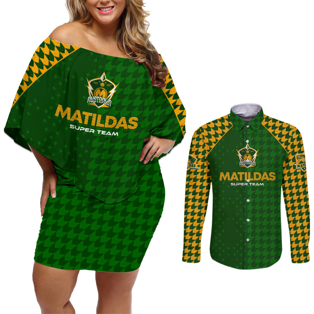 Personalised Australia Soccer Matildas Couples Matching Off Shoulder Short Dress and Long Sleeve Button Shirt Super Team
