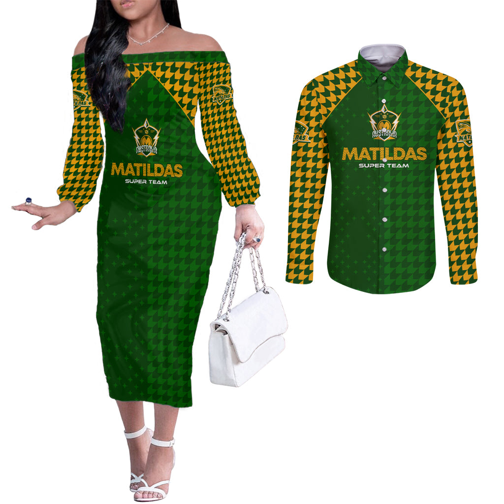 Personalised Australia Soccer Matildas Couples Matching Off The Shoulder Long Sleeve Dress and Long Sleeve Button Shirt Super Team