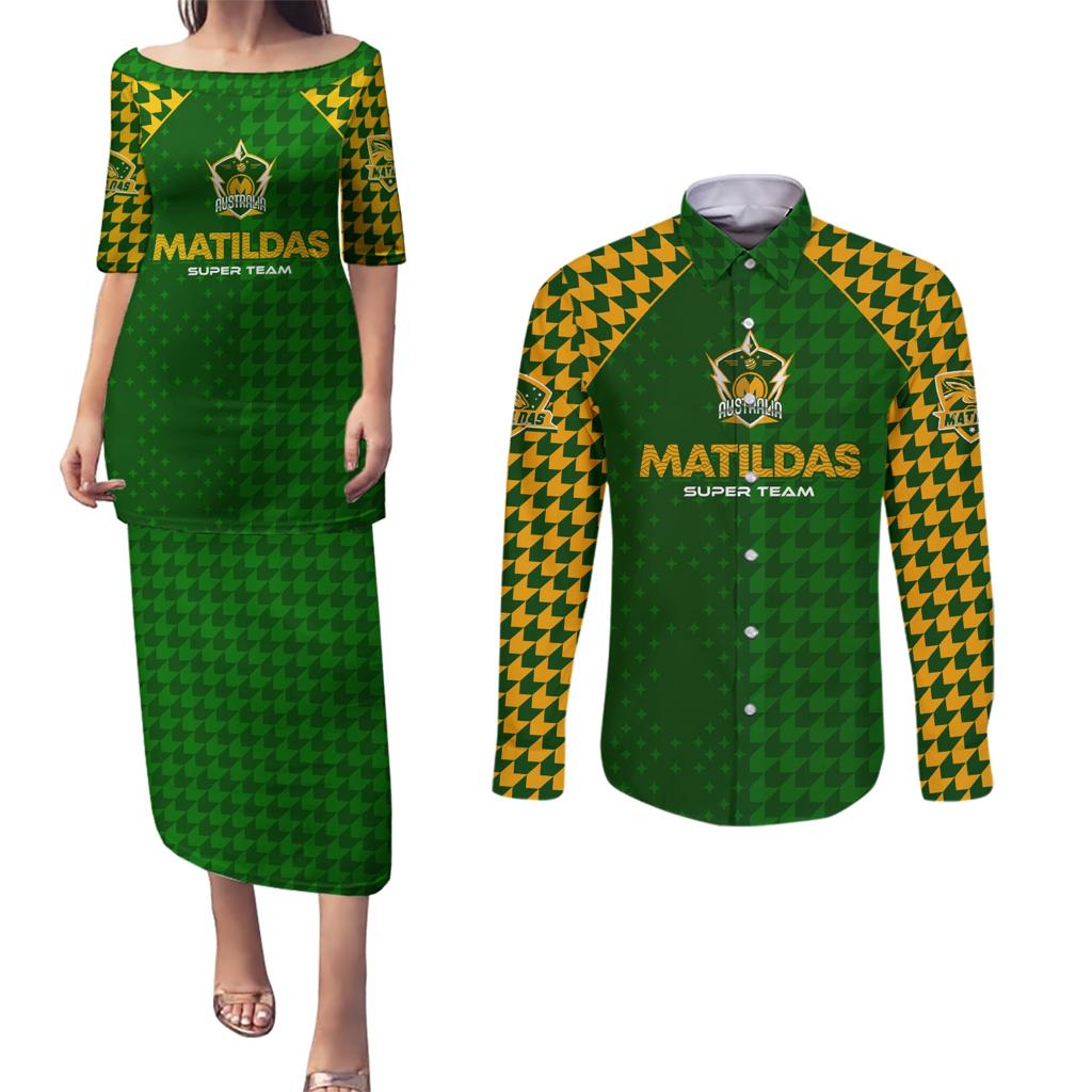 Personalised Australia Soccer Matildas Couples Matching Puletasi and Long Sleeve Button Shirt Super Team