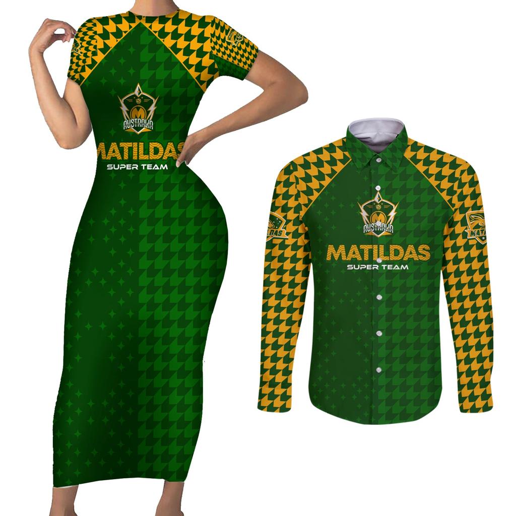 Personalised Australia Soccer Matildas Couples Matching Short Sleeve Bodycon Dress and Long Sleeve Button Shirt Super Team