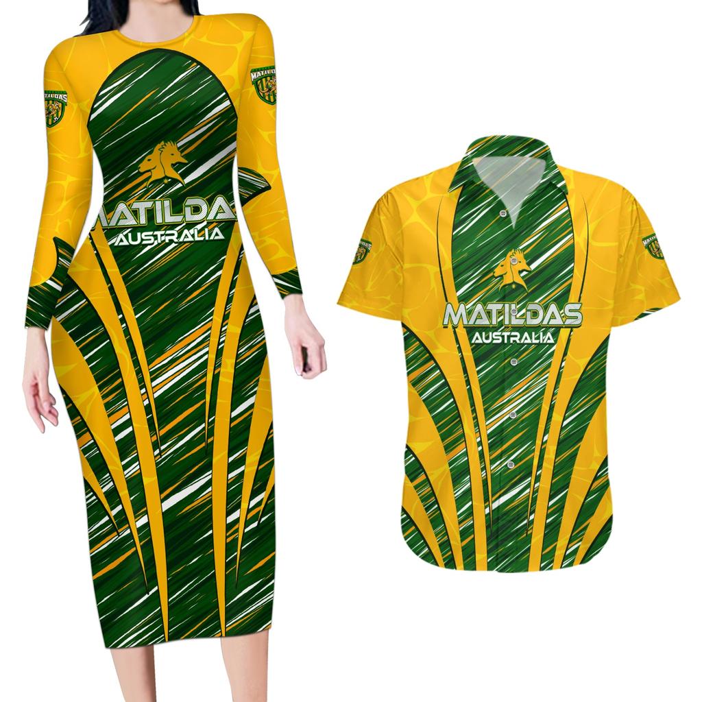 Personalised Australia Matildas Couples Matching Long Sleeve Bodycon Dress and Hawaiian Shirt Abstract Line