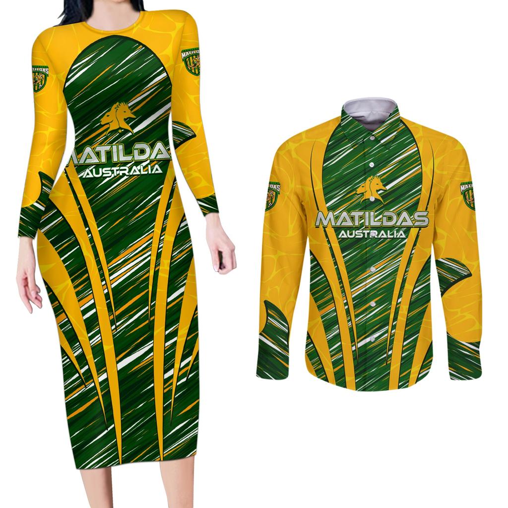Personalised Australia Matildas Couples Matching Long Sleeve Bodycon Dress and Long Sleeve Button Shirt Abstract Line