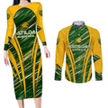 Personalised Australia Matildas Couples Matching Long Sleeve Bodycon Dress and Long Sleeve Button Shirt Abstract Line