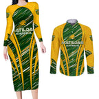Personalised Australia Matildas Couples Matching Long Sleeve Bodycon Dress and Long Sleeve Button Shirt Abstract Line