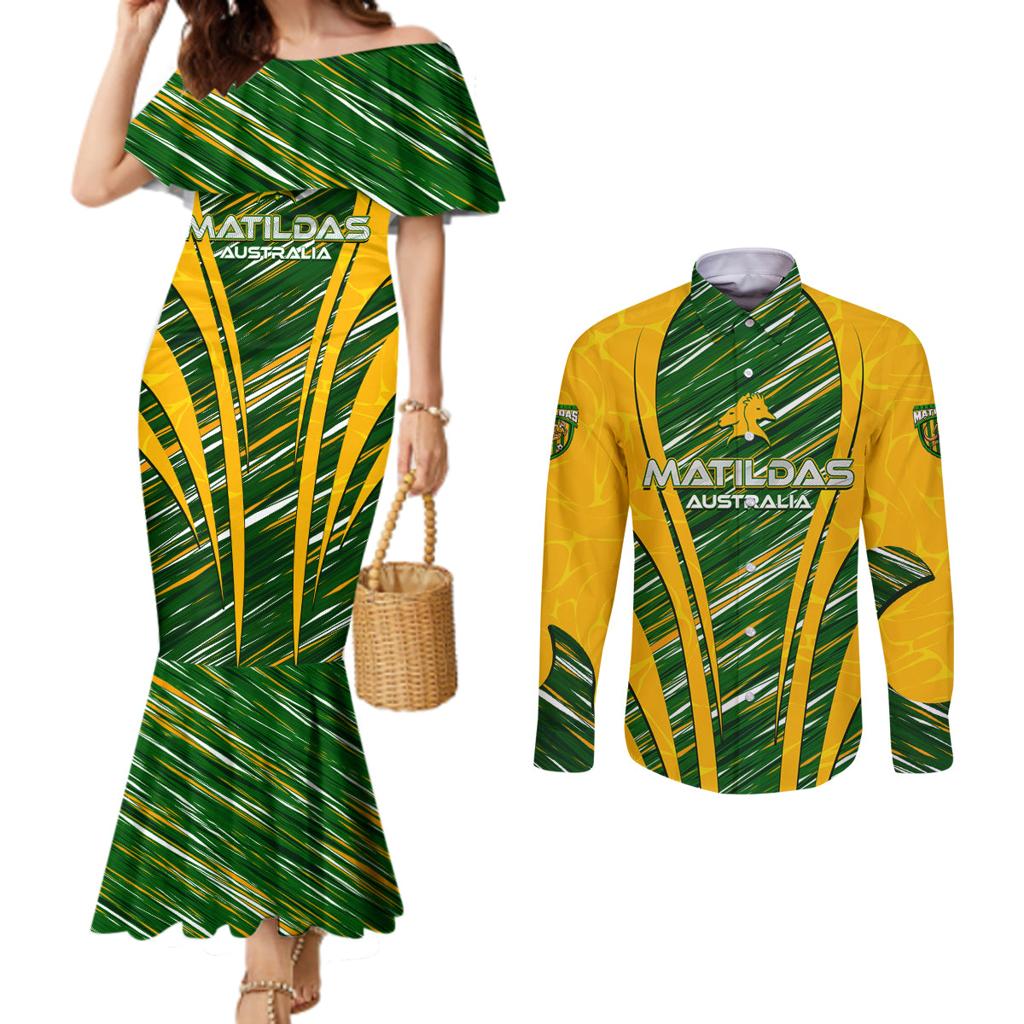 Personalised Australia Matildas Couples Matching Mermaid Dress and Long Sleeve Button Shirt Abstract Line