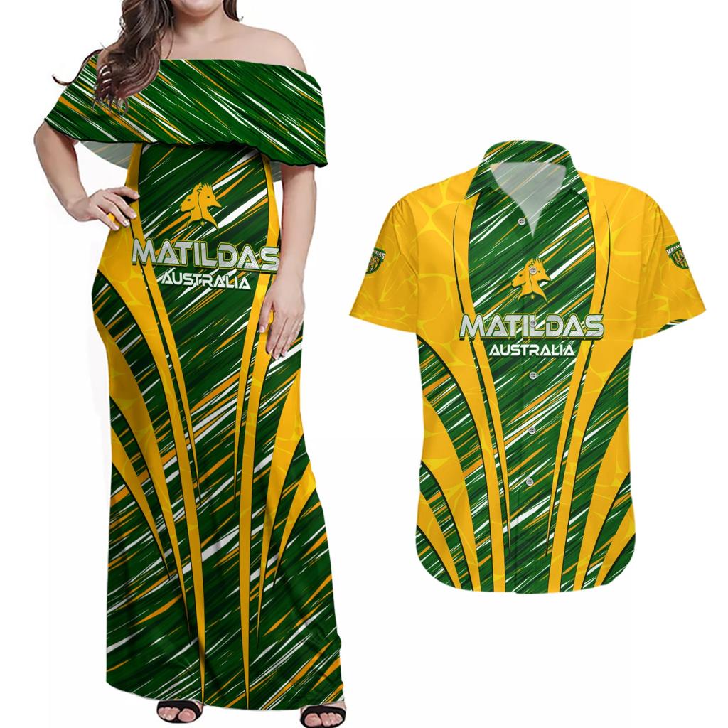 Personalised Australia Matildas Couples Matching Off Shoulder Maxi Dress and Hawaiian Shirt Abstract Line
