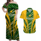 Personalised Australia Matildas Couples Matching Off Shoulder Maxi Dress and Hawaiian Shirt Abstract Line