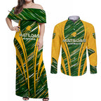 Personalised Australia Matildas Couples Matching Off Shoulder Maxi Dress and Long Sleeve Button Shirt Abstract Line
