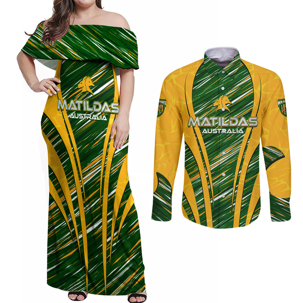 Personalised Australia Matildas Couples Matching Off Shoulder Maxi Dress and Long Sleeve Button Shirt Abstract Line