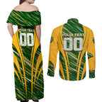 Personalised Australia Matildas Couples Matching Off Shoulder Maxi Dress and Long Sleeve Button Shirt Abstract Line