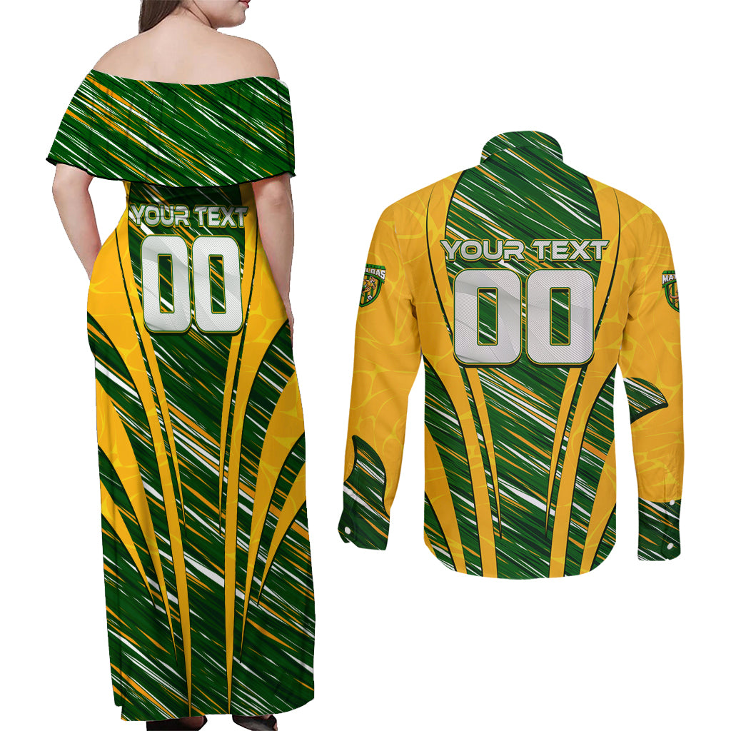 Personalised Australia Matildas Couples Matching Off Shoulder Maxi Dress and Long Sleeve Button Shirt Abstract Line