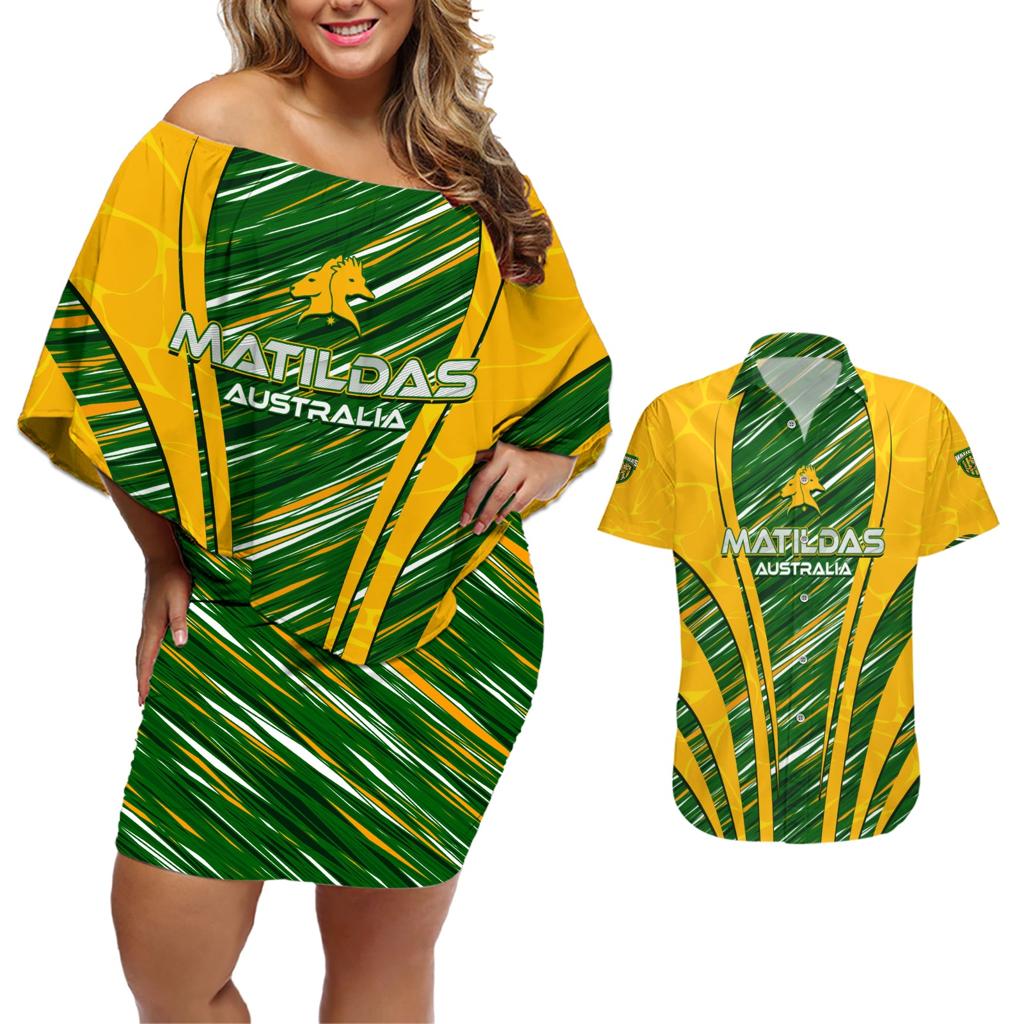 Personalised Australia Matildas Couples Matching Off Shoulder Short Dress and Hawaiian Shirt Abstract Line