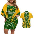 Personalised Australia Matildas Couples Matching Off Shoulder Short Dress and Hawaiian Shirt Abstract Line