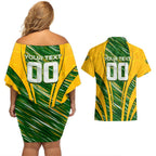 Personalised Australia Matildas Couples Matching Off Shoulder Short Dress and Hawaiian Shirt Abstract Line
