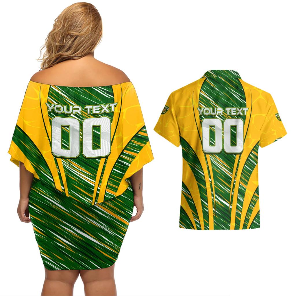Personalised Australia Matildas Couples Matching Off Shoulder Short Dress and Hawaiian Shirt Abstract Line