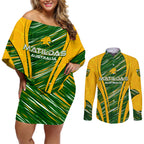 Personalised Australia Matildas Couples Matching Off Shoulder Short Dress and Long Sleeve Button Shirt Abstract Line