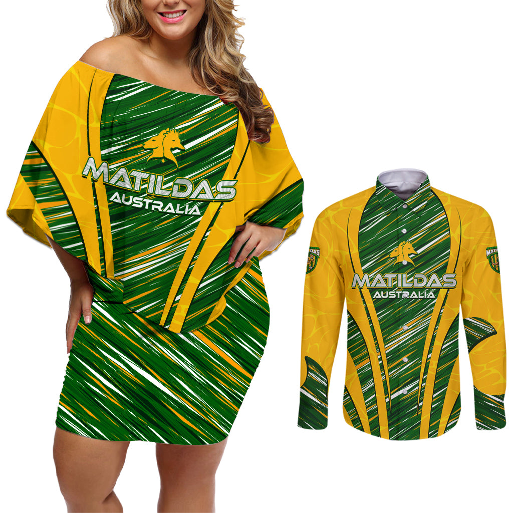 Personalised Australia Matildas Couples Matching Off Shoulder Short Dress and Long Sleeve Button Shirt Abstract Line