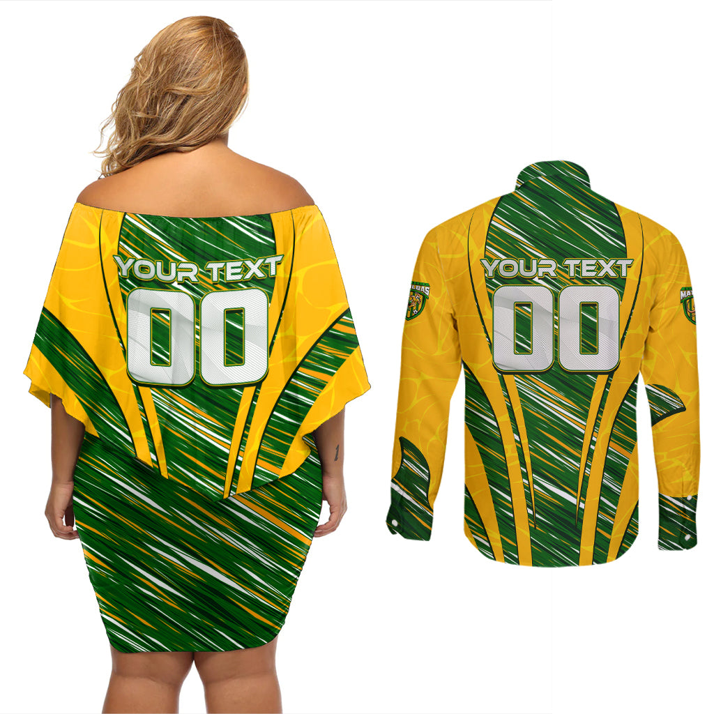 Personalised Australia Matildas Couples Matching Off Shoulder Short Dress and Long Sleeve Button Shirt Abstract Line