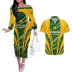 Personalised Australia Matildas Couples Matching Off The Shoulder Long Sleeve Dress and Hawaiian Shirt Abstract Line