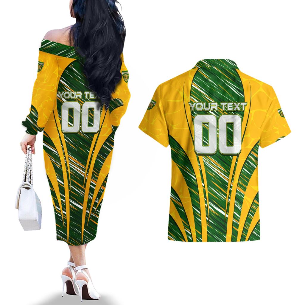 Personalised Australia Matildas Couples Matching Off The Shoulder Long Sleeve Dress and Hawaiian Shirt Abstract Line
