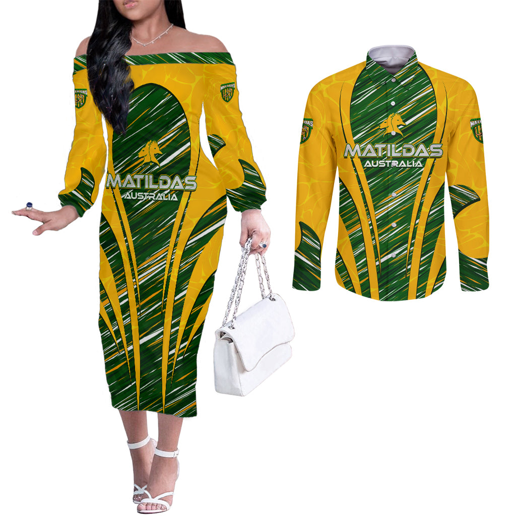 Personalised Australia Matildas Couples Matching Off The Shoulder Long Sleeve Dress and Long Sleeve Button Shirt Abstract Line