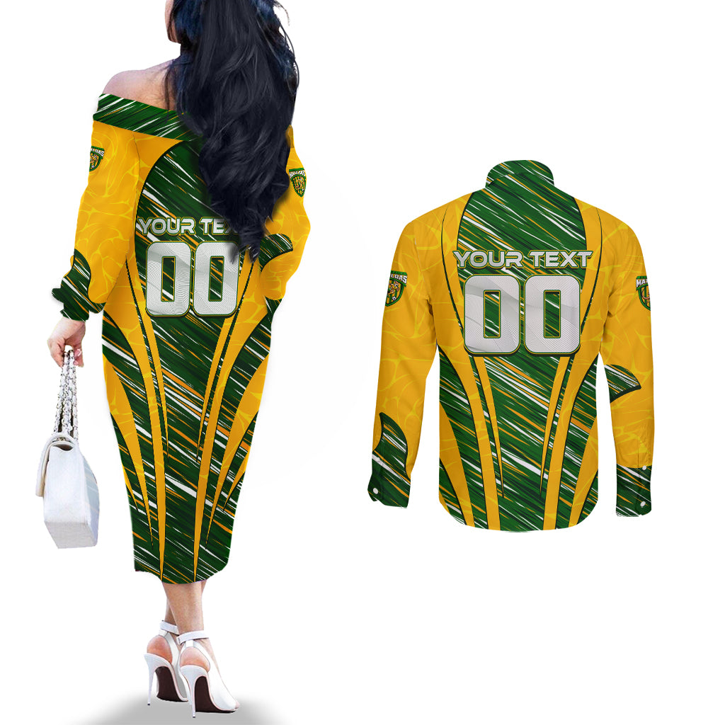 Personalised Australia Matildas Couples Matching Off The Shoulder Long Sleeve Dress and Long Sleeve Button Shirt Abstract Line