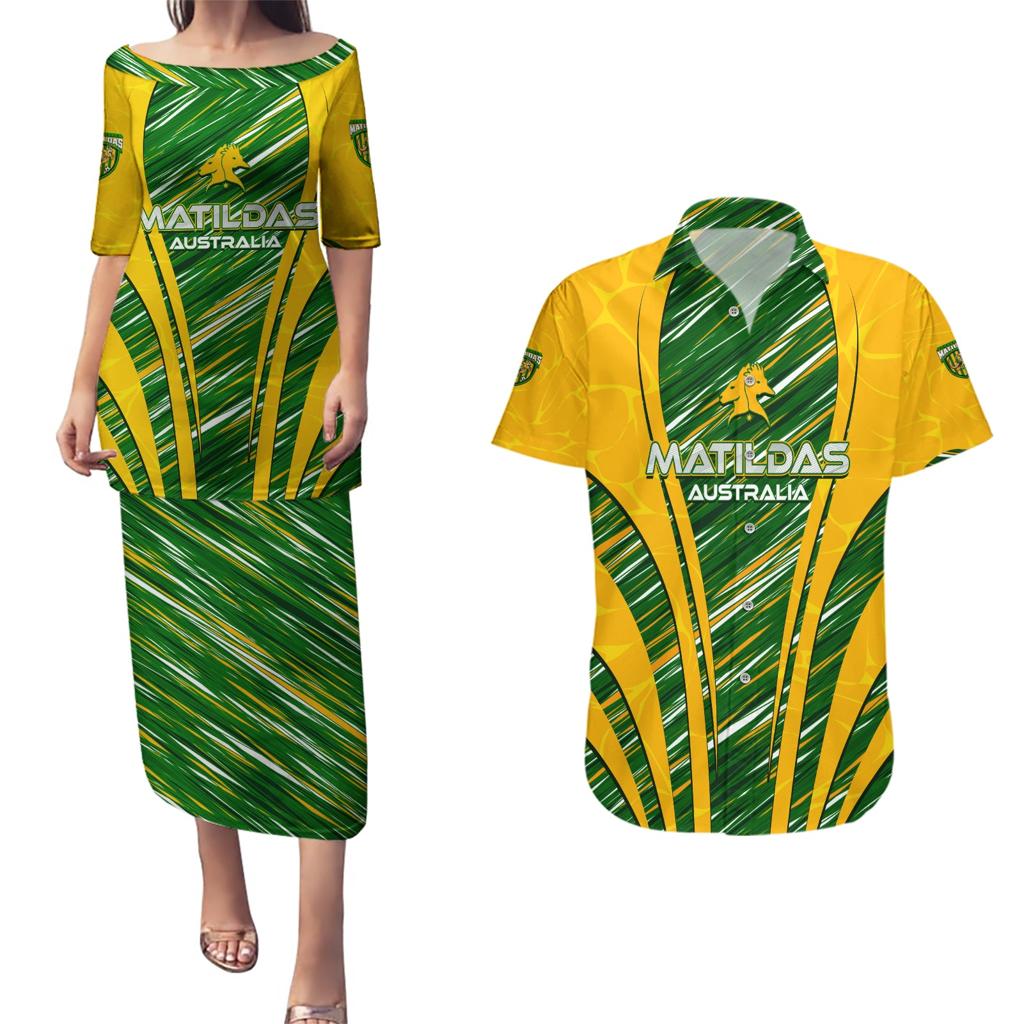 Personalised Australia Matildas Couples Matching Puletasi and Hawaiian Shirt Abstract Line