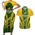 Personalised Australia Matildas Couples Matching Short Sleeve Bodycon Dress and Hawaiian Shirt Abstract Line