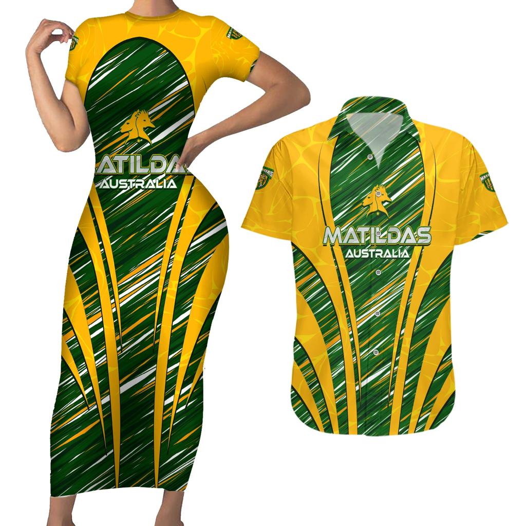 Personalised Australia Matildas Couples Matching Short Sleeve Bodycon Dress and Hawaiian Shirt Abstract Line