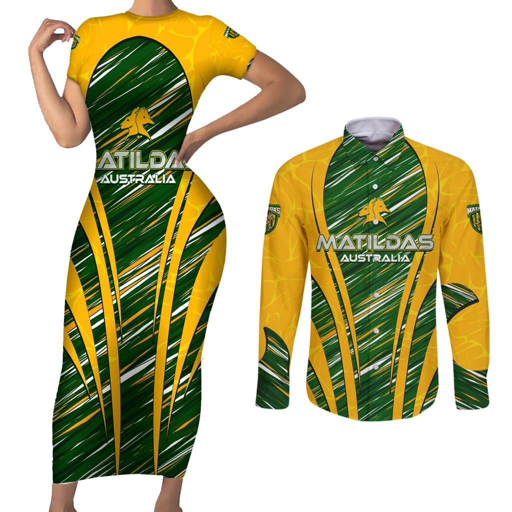 Personalised Australia Matildas Couples Matching Short Sleeve Bodycon Dress and Long Sleeve Button Shirt Abstract Line