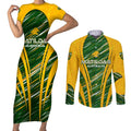 Personalised Australia Matildas Couples Matching Short Sleeve Bodycon Dress and Long Sleeve Button Shirt Abstract Line