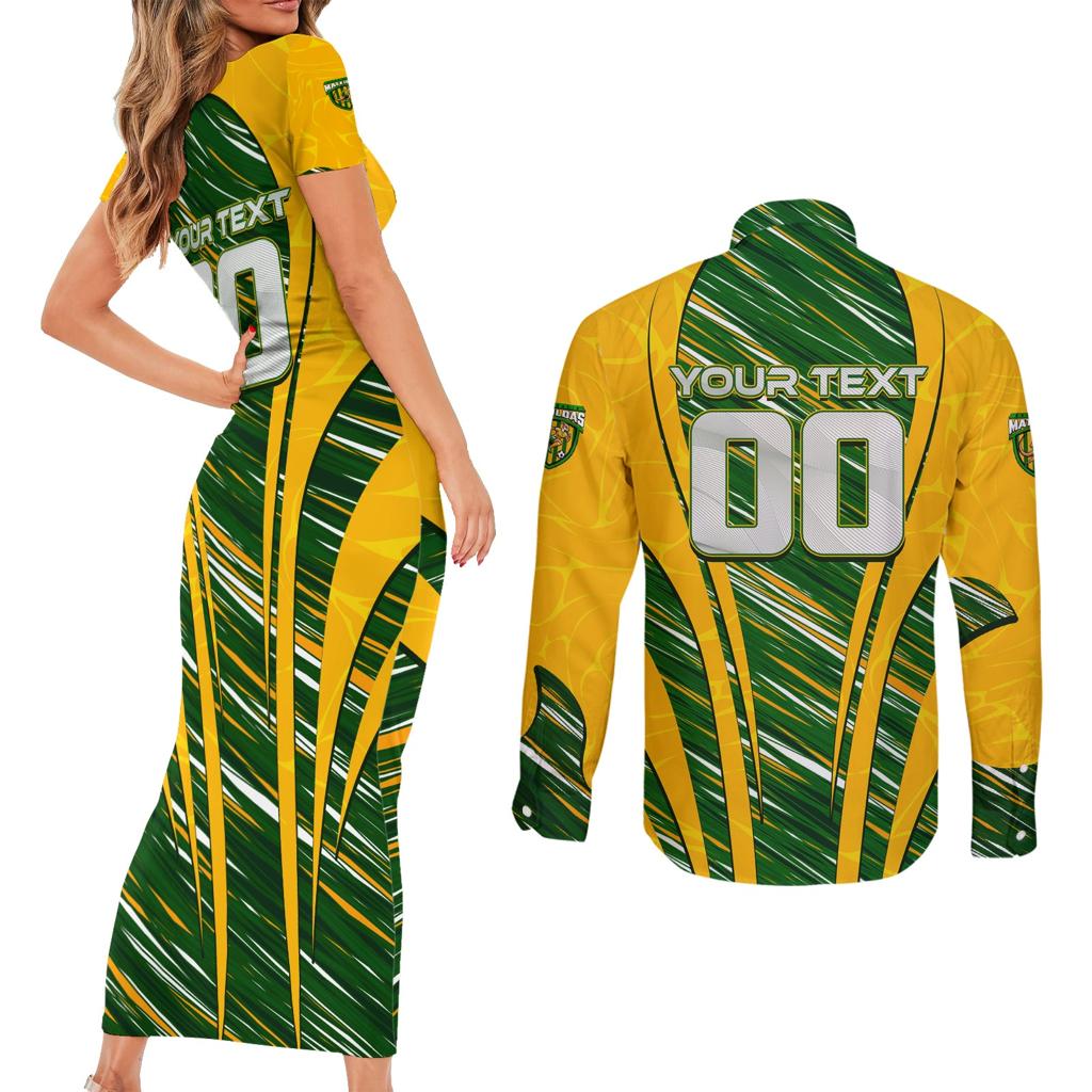 Personalised Australia Matildas Couples Matching Short Sleeve Bodycon Dress and Long Sleeve Button Shirt Abstract Line