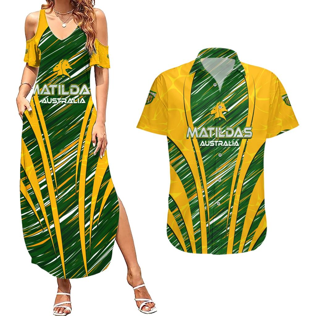Personalised Australia Matildas Couples Matching Summer Maxi Dress and Hawaiian Shirt Abstract Line