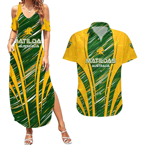 Personalised Australia Matildas Couples Matching Summer Maxi Dress and Hawaiian Shirt Abstract Line